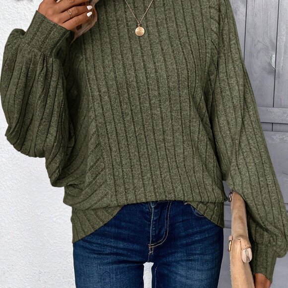 Green Casual Women's Apricot Loose Rib Knit Long Sleeve Sweatshirt - Picture 4 of 5